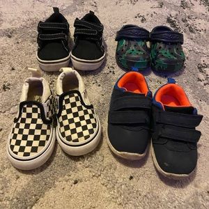 4 pairs of Toddler boy shoes. Size 4.  Vans, Carter’s, Wonder Nation, Crocs